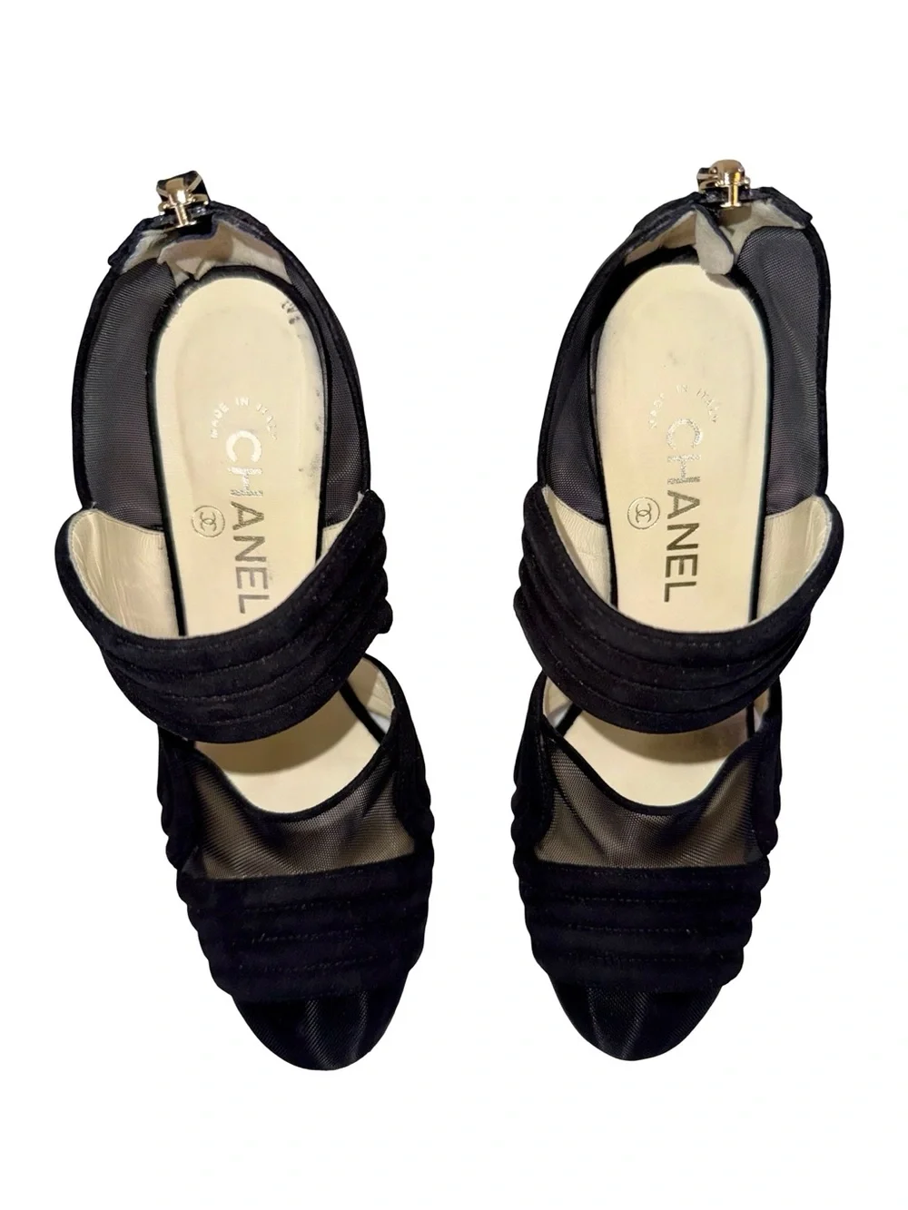 CHANEL BLACK SUEDE AND MESH SCULPTURAL HEEL PUMPS